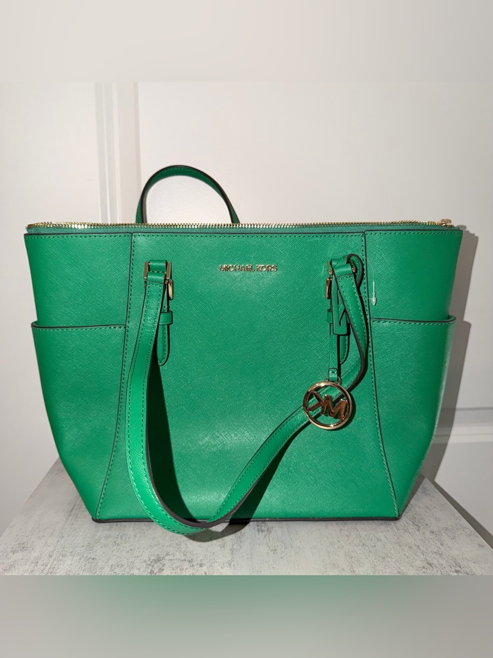 Michael Kors Charlotte Large Leather Top-Zip Tote Bag in Palmetto Green
